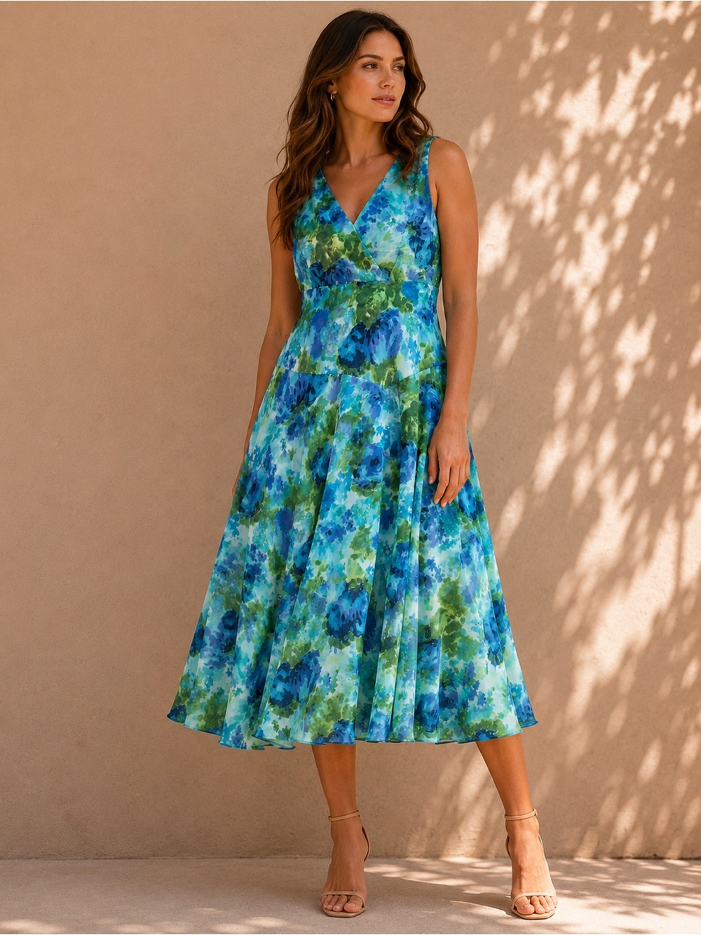 Studio 1940 Blue & Green Floral V-Neck Midi Dress